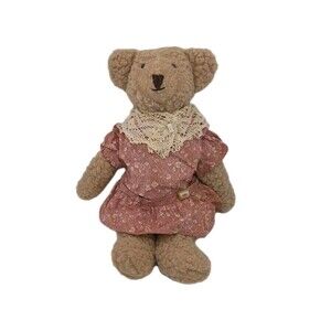 Vintage Brown Teddy Bear Pink Floral Victorian Dress w/ Lace Crochet Scarf  17"